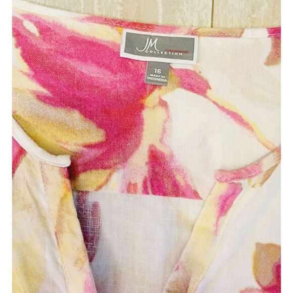 J M Collection 16 100% Linen Top Blouse Shirt White Pink Yellow Floral Button - Picture 4 of 7